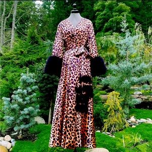 Authentic Catherine D’Lish Dressing Gown in Leopard with Maribou Cuffs